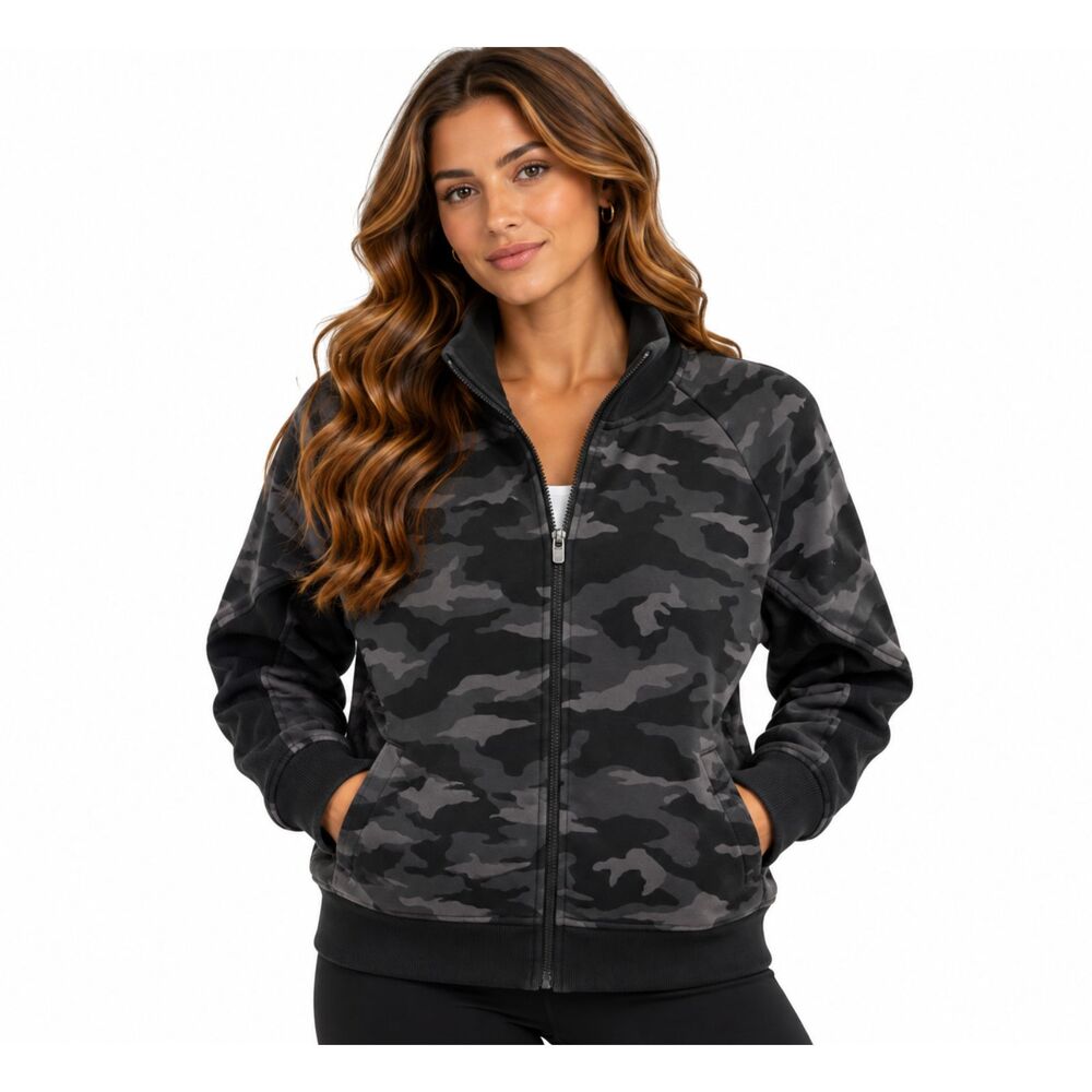 Athleta Triumph Printed Full Zip Jacket Women's L Black Gray Camo Fleece